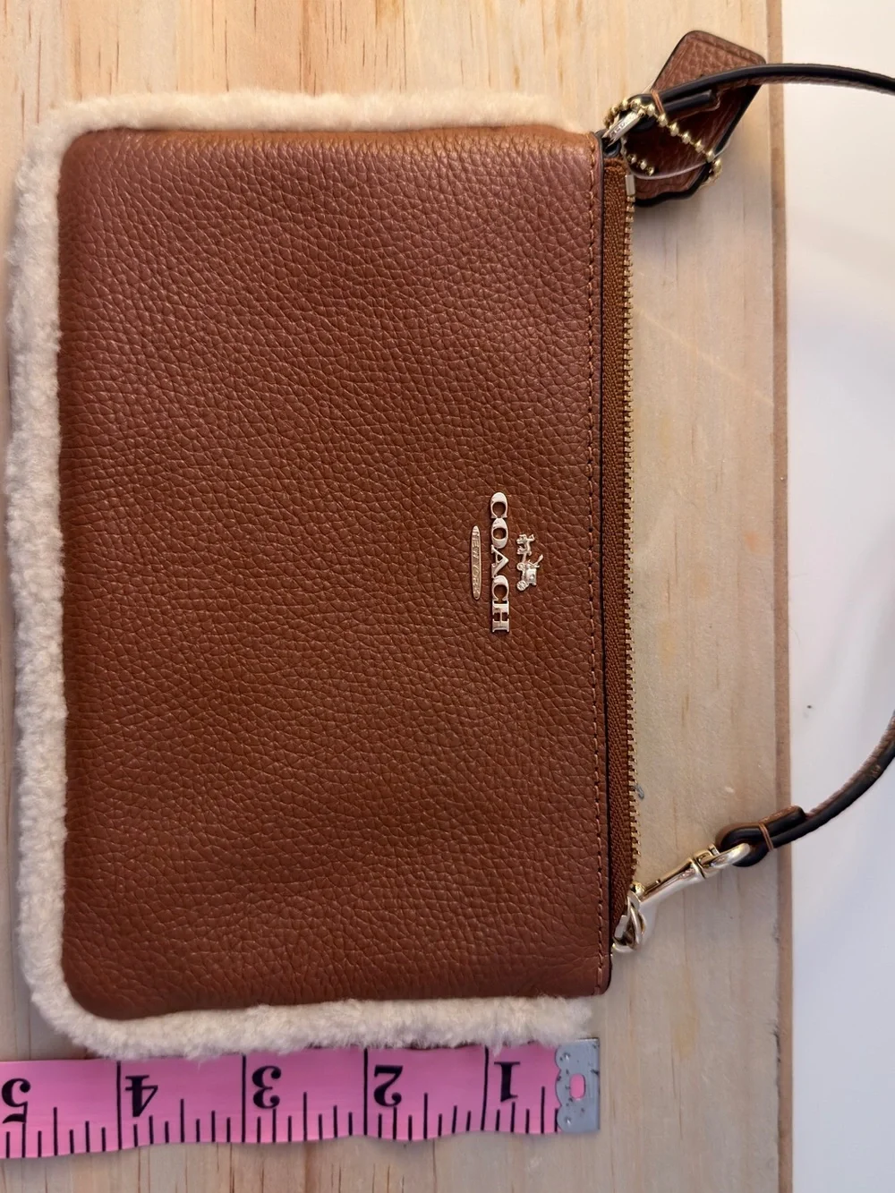 Coach Brown Leather Wristlet with Shearling Trim